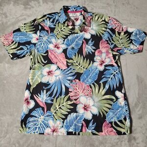 Tommy‎ Bahama Floral Hawaiian Shirt Mens Medium Tropical Pink Blue Palm Tree